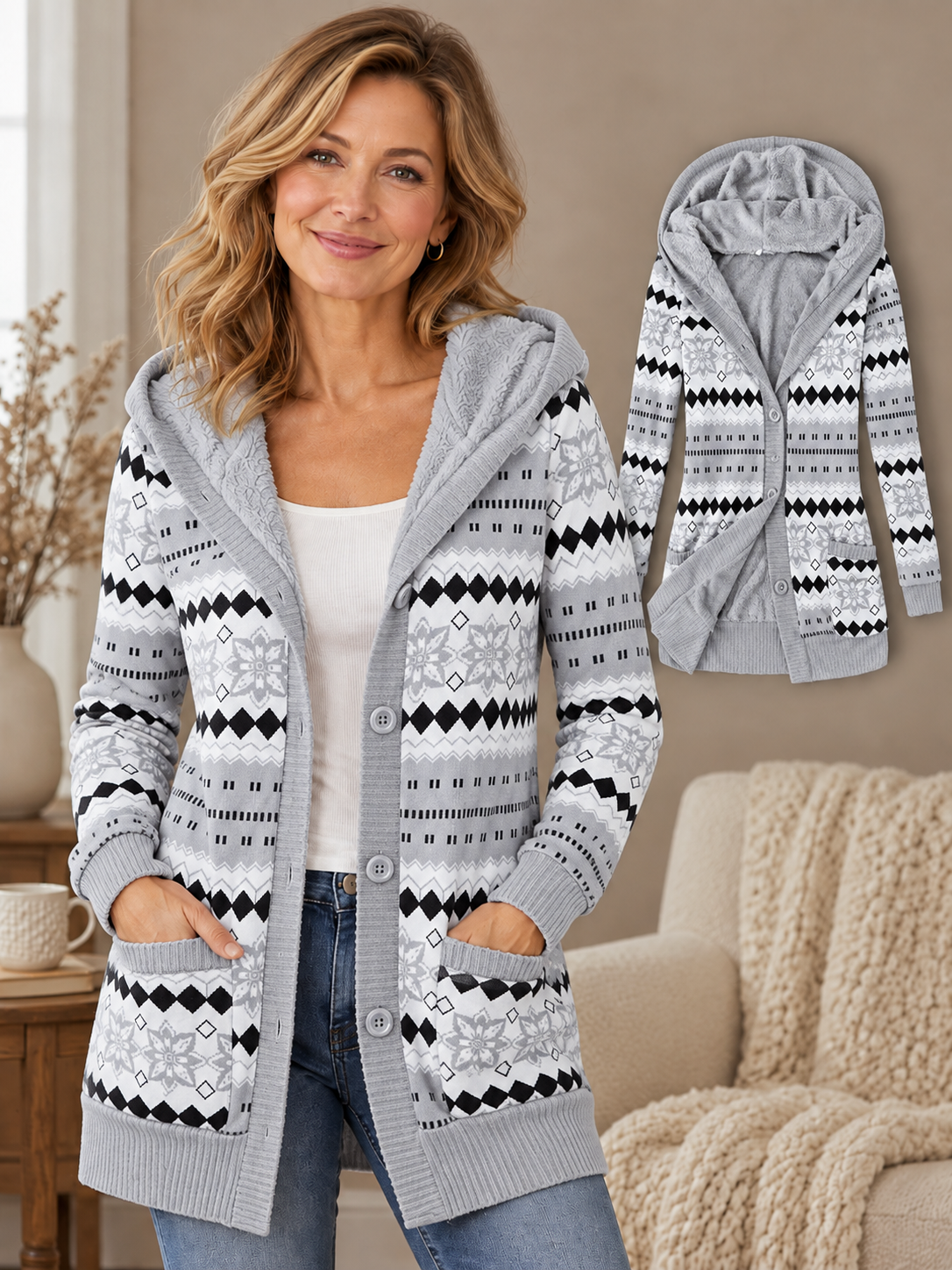 🧥 Women’s Hooded Coat – Thick Knit Printed Jacket, Button-Up Plus Size Mid-Length Outerwear