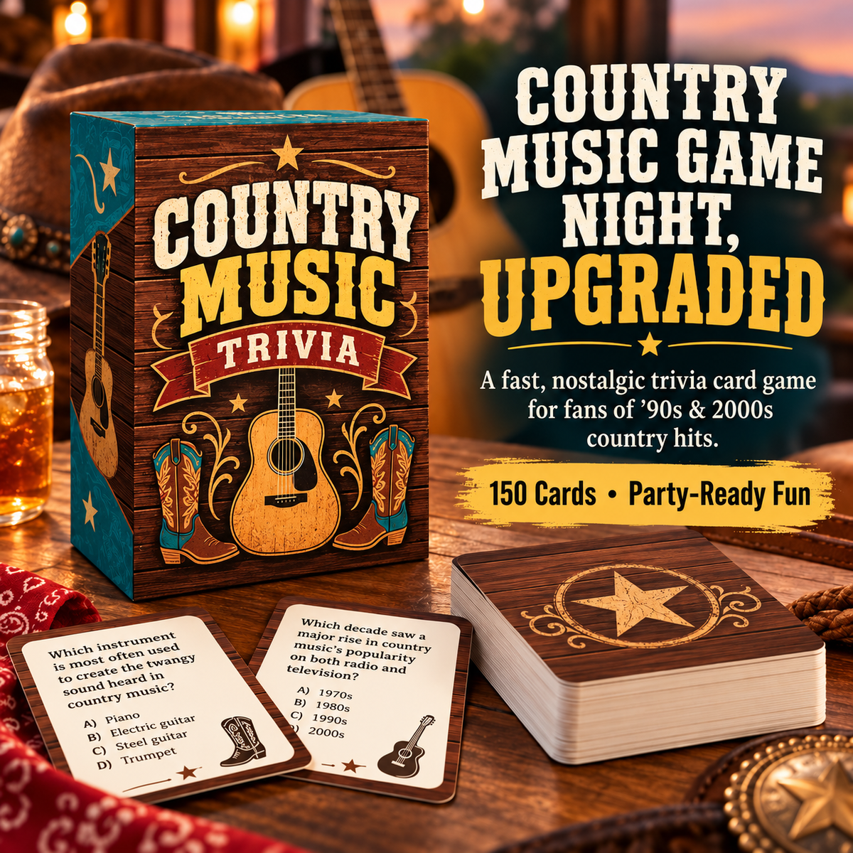 🎸 90s & 2000s Country Music Trivia Game | 150-Card Party Deck