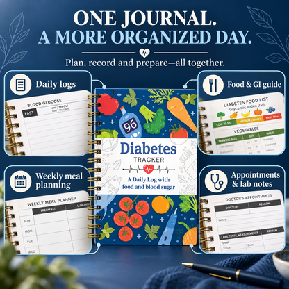 📘 Diabetes Tracker Book with Food Guide & Meal Planner ✨