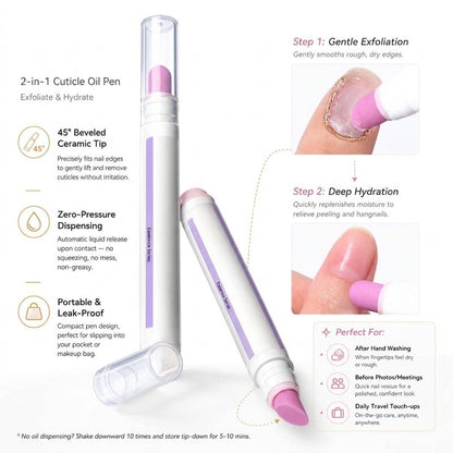 🖊️2-in-1 Cuticle Remover Pen, 45° Ceramic Tip for Dry Cuticles & Hangnails, Hydrating Nail Care, Easy Dispensing, Portable 2-Pack for Travel