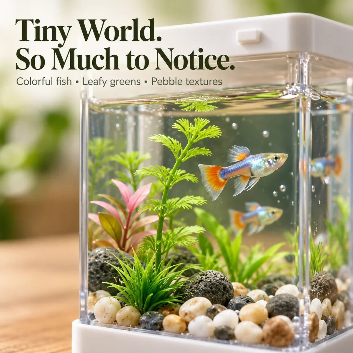 🐠🌿 Mini Desktop Aquarium Display – Clear-Sided Fish Scene with Decorative Plants, Pebble Details & Removable Top | Cozy Desk Decor ✨