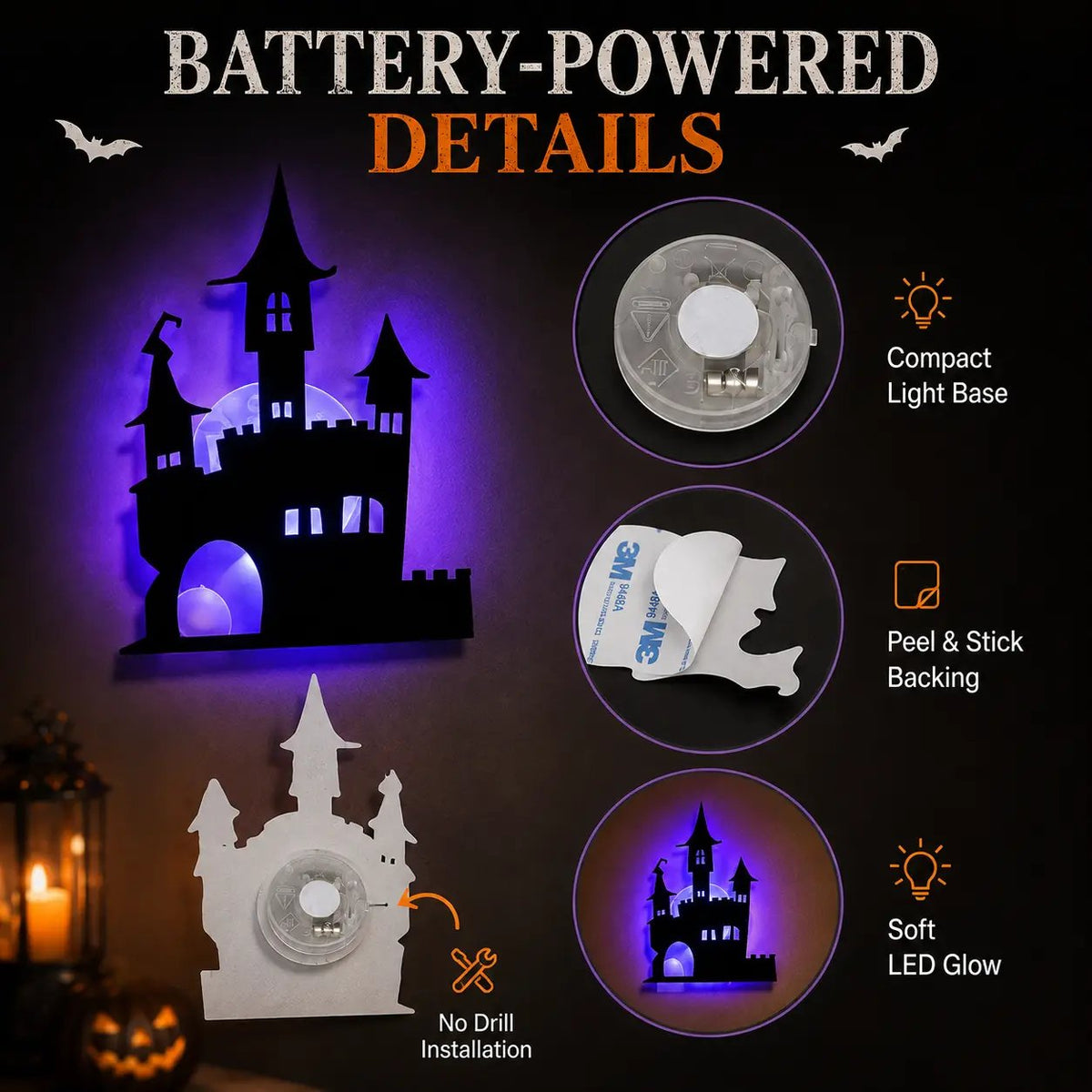🎃8 Pack Halloween LED Silhouette Wall Light Stickers, Battery Powered Peel & Stick Decor Lights