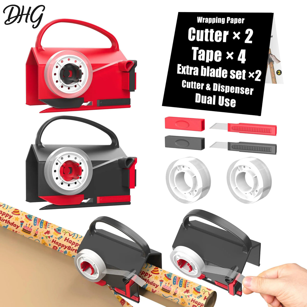 2-Pack Dual-Use Wrapping Paper Cutter & Tape Dispenser Kit