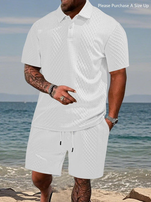 Men's Solid Polo Shirt & Drawstring Waist Shorts Set, Cozy Breathable Two-piece Outfits