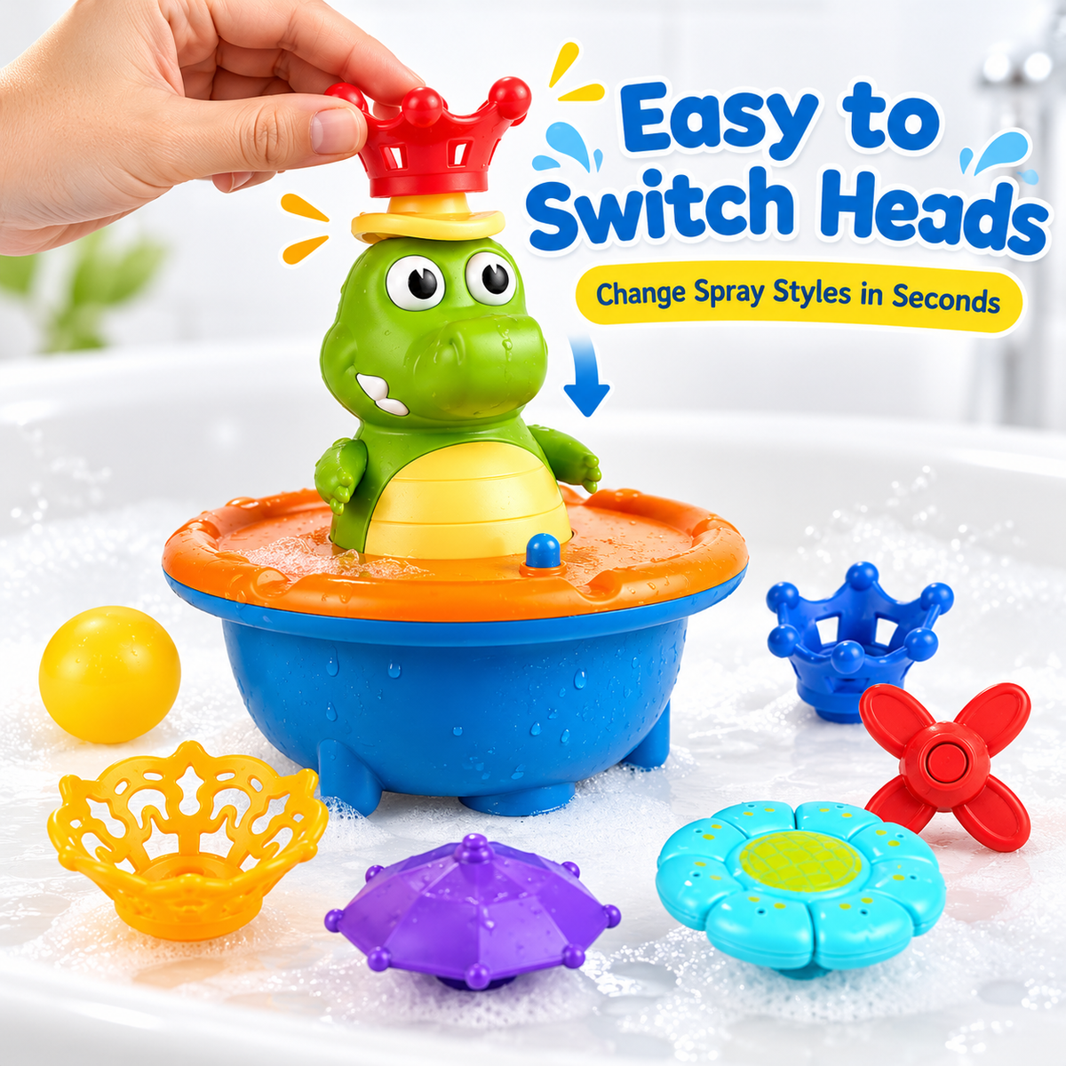 💦 Crocodile Bath Toy for Toddlers, Light Up Fountain with 5 Spray Modes