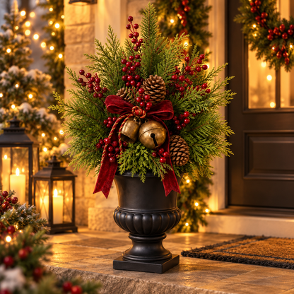 🎄 24' Pre-Lit Christmas Urn Filler 🔔 Vintage Bells & Rustic Farmhouse Charm