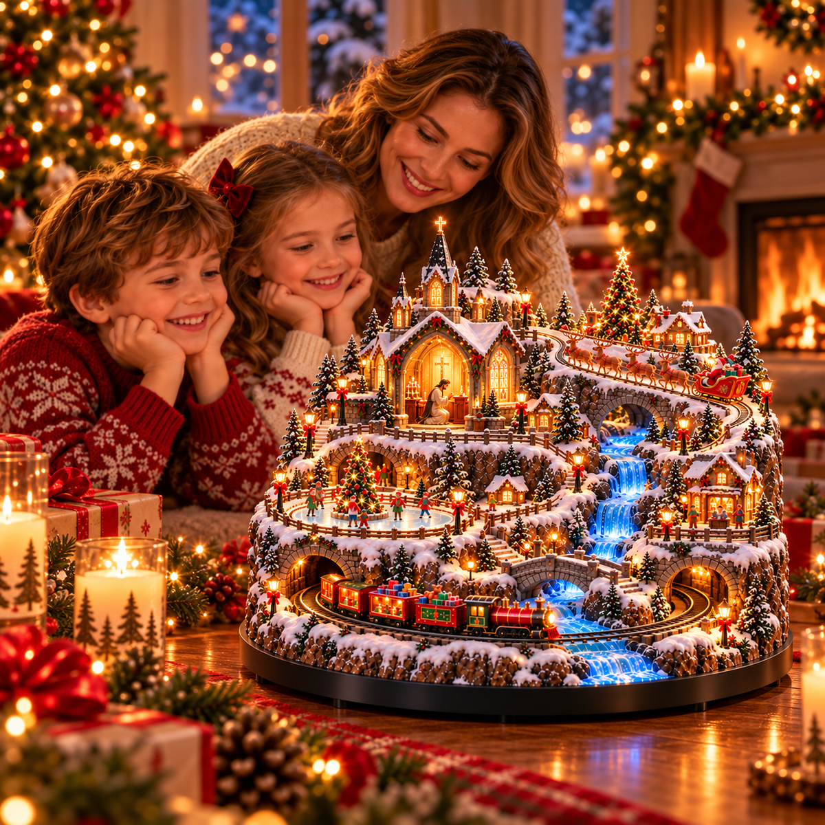 🎄 Magical Christmas Village ✨ Animated Train, Reindeer Sleigh & Glowing Waterfall Display 🎅
