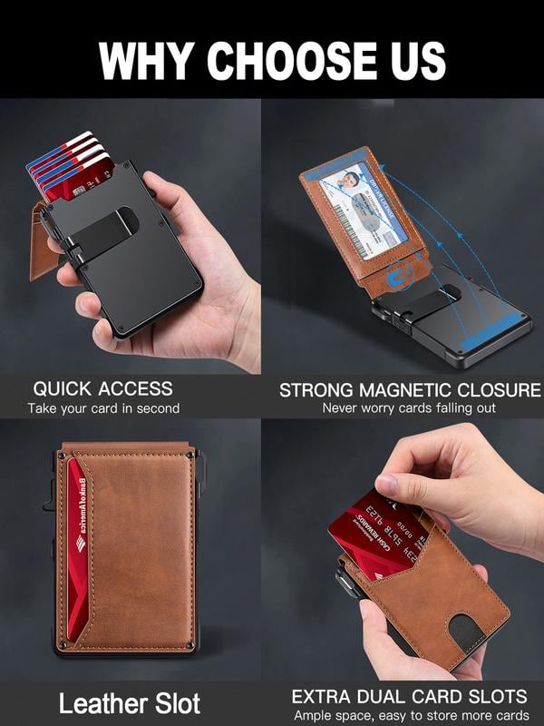 💼🔒Premium Aluminum RFID Blocking Minimalist Wallet for Men — Pop-Up Card Access, Money Clip & ID Window