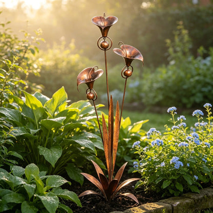 🏡Flamed Copper Three Calla Lilies Garden Stake with Bells