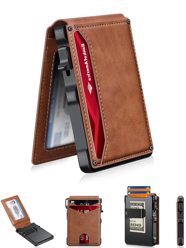 💼🔒Premium Aluminum RFID Blocking Minimalist Wallet for Men — Pop-Up Card Access, Money Clip & ID Window