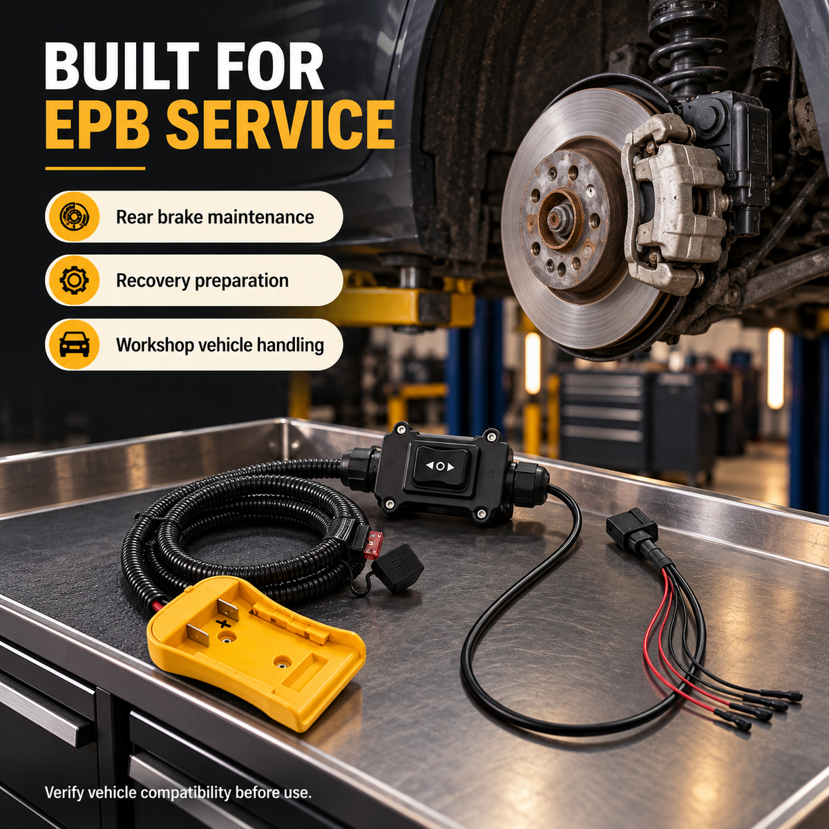 EPB service context with unconnected tool on a workshop trolley