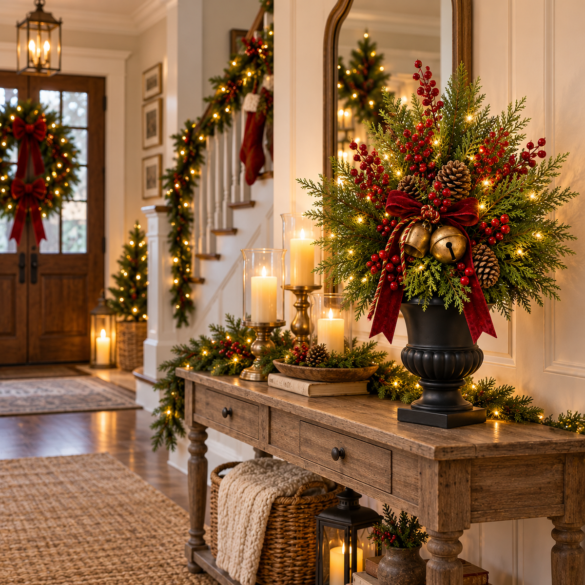 🎄 24' Pre-Lit Christmas Urn Filler 🔔 Vintage Bells & Rustic Farmhouse Charm