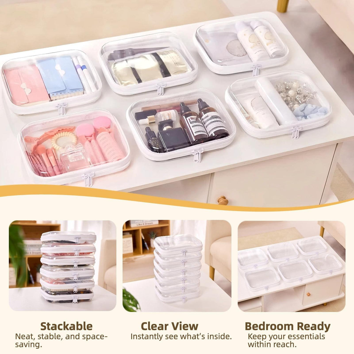 🌟Clear Organizer Storage Box 🌟4PCS Clear Hard Zipper Case PVC Plastic Clear Storage Containers