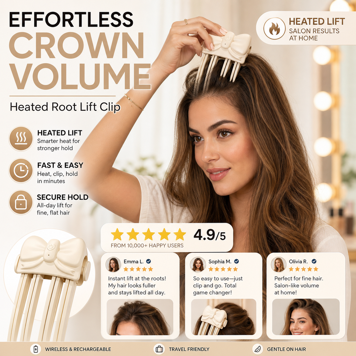 🎉48K+ Sold 💇 Wireless Heated Volumizing Root Lift Clip, Portable Travel Hair Styling Tool for Flat Fine Hair