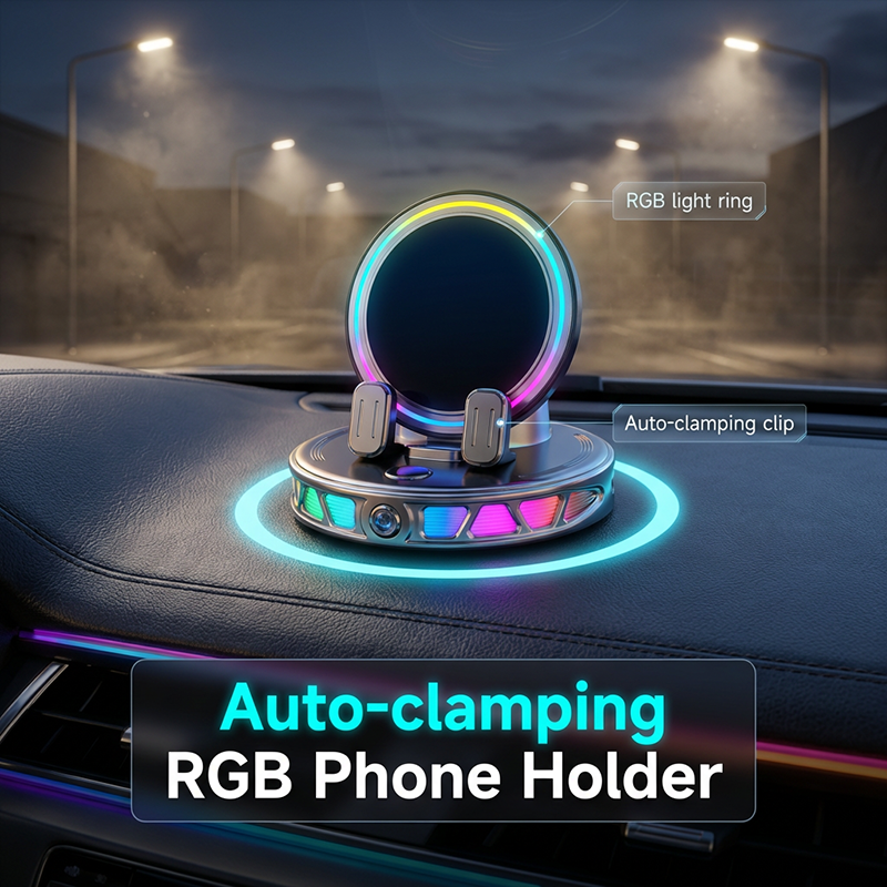 Car Phone Holder - 360° Rotating Automatic Wireless Charger with Adjustable Auto-Locking Gravity Linkage, RGB LED Light-Up Touch Control, Vacuum Suction Car Interior Accessory for Dashboard & Windshield, Compatible with iPhone & Android
