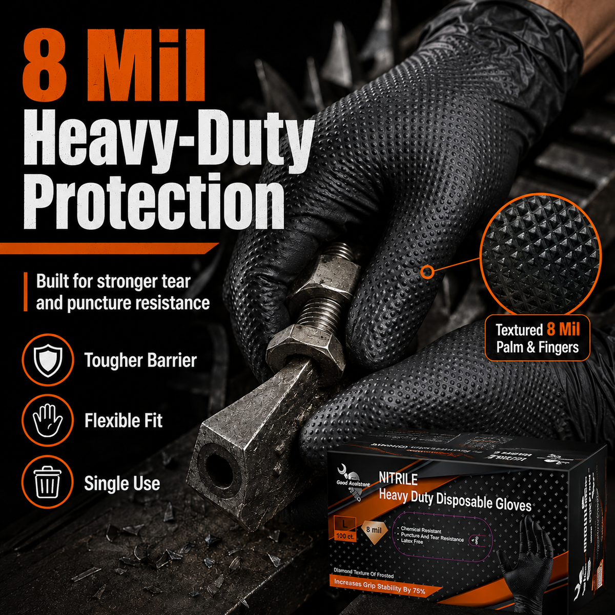 🧤🛡️Diamond-Textured 8Mil Nitrile Gloves – Heavy-Duty Grip, Food-Safe, 100Pcs